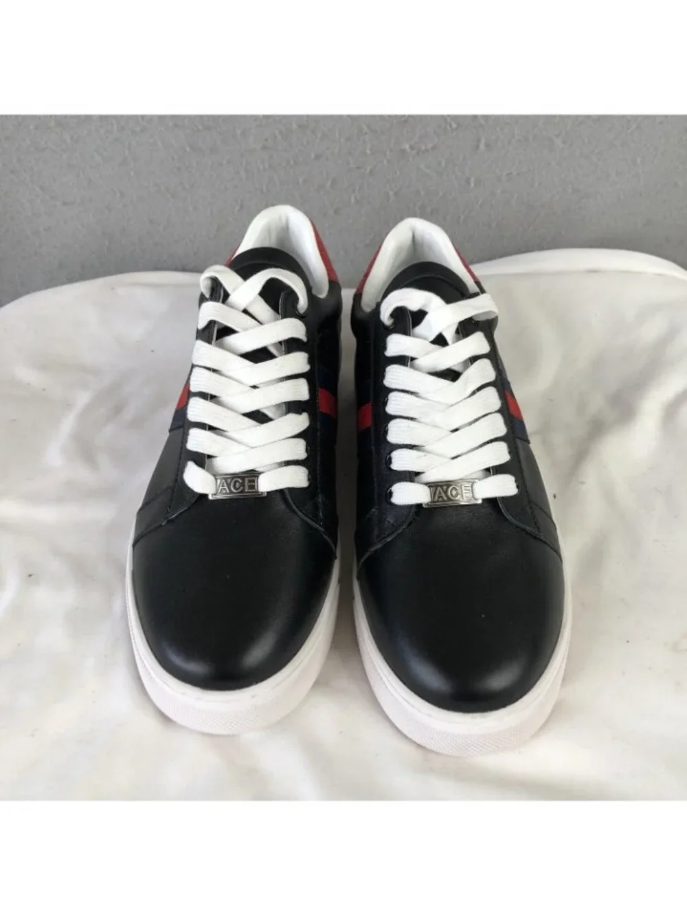 Gucci Ace Shoes Mens Size 12.5 Black Leather Web Stripe Casual Sneakers Italy